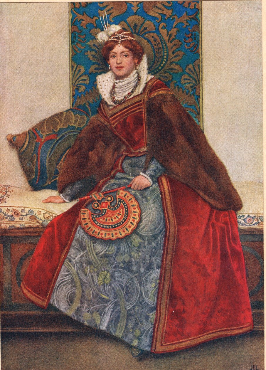 Portia, illustration från "Köpmannen i Venedig", ca 1910 av James Dromgole Linton