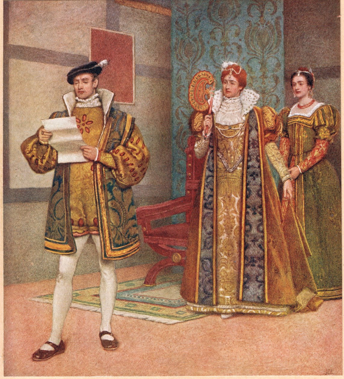"Det finns en del listigt innehåll i samma tidning", illustration från "The Merchant of Venice", ca 1910 av James Dromgole Linton