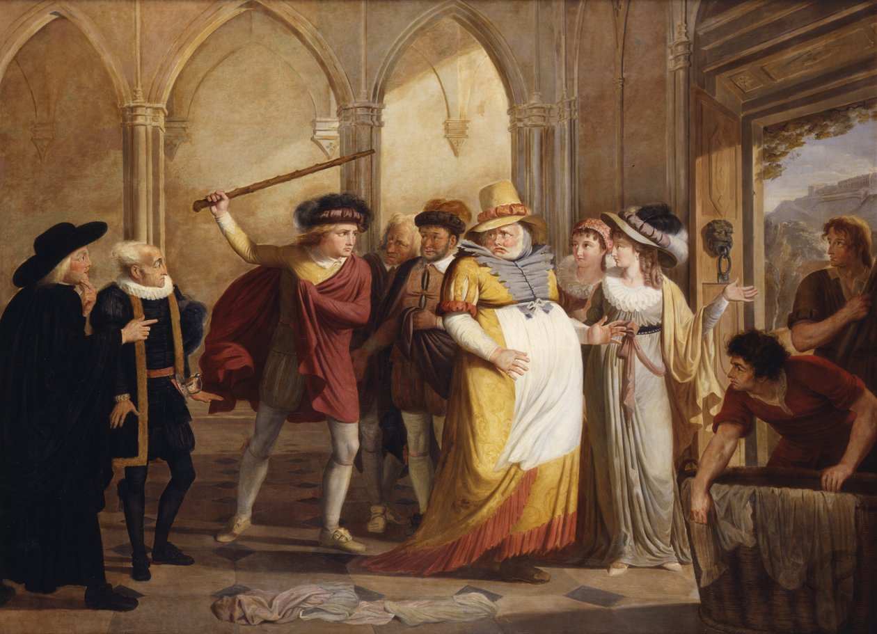 Falstaff i förklädnad leds ut av Mrs Page, akt 4 scen 2, i The Merry Wives of Windsor, av William Shakespeare (1564-1616) c.1805 av James Durno