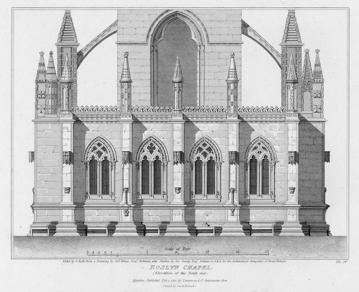 Roslyn Chapel, förhöjning av den östra änden, graverad av J. Roffe, 1811 av James Elmes