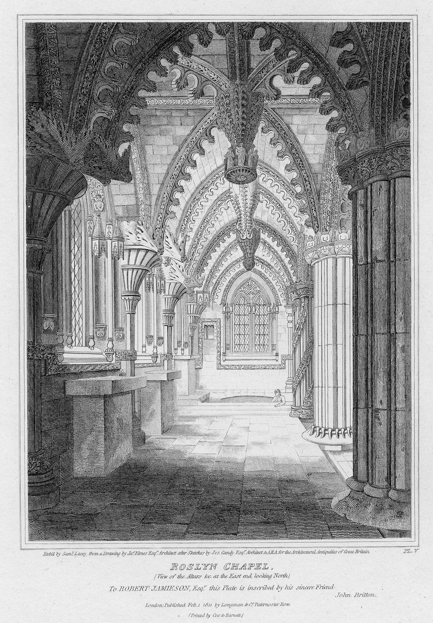 Roslyn Chapel, utsikt över altaren i den östra änden mot norr, graverad av Samuel Lacey, 1811 av James Elmes