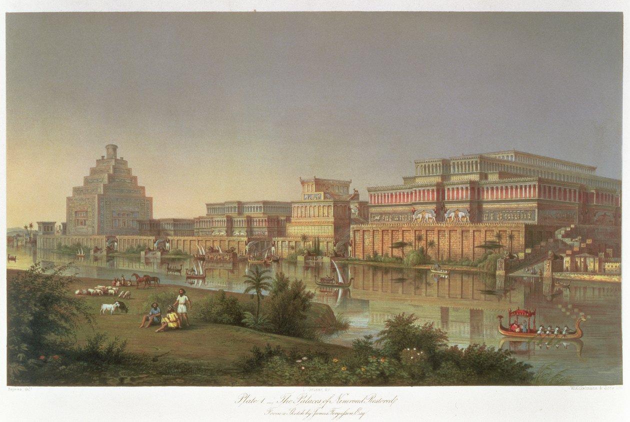 The Palaces of Nimrud Restored, en rekonstruktion av palatsen byggda av Ashurbanipal vid Tigris strand, från upptäckter i ruinerna av Nineve och Babylon av Austen Henry Layard (1817-94) av James Fergusson