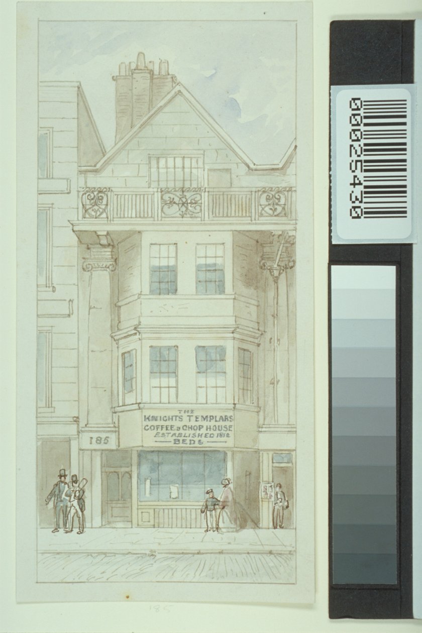 Utsikt över nr. 185 Fleet Street, med figurer som går förbi Knights Templars Coffee and Chop House, ca 1820 av James Findlay