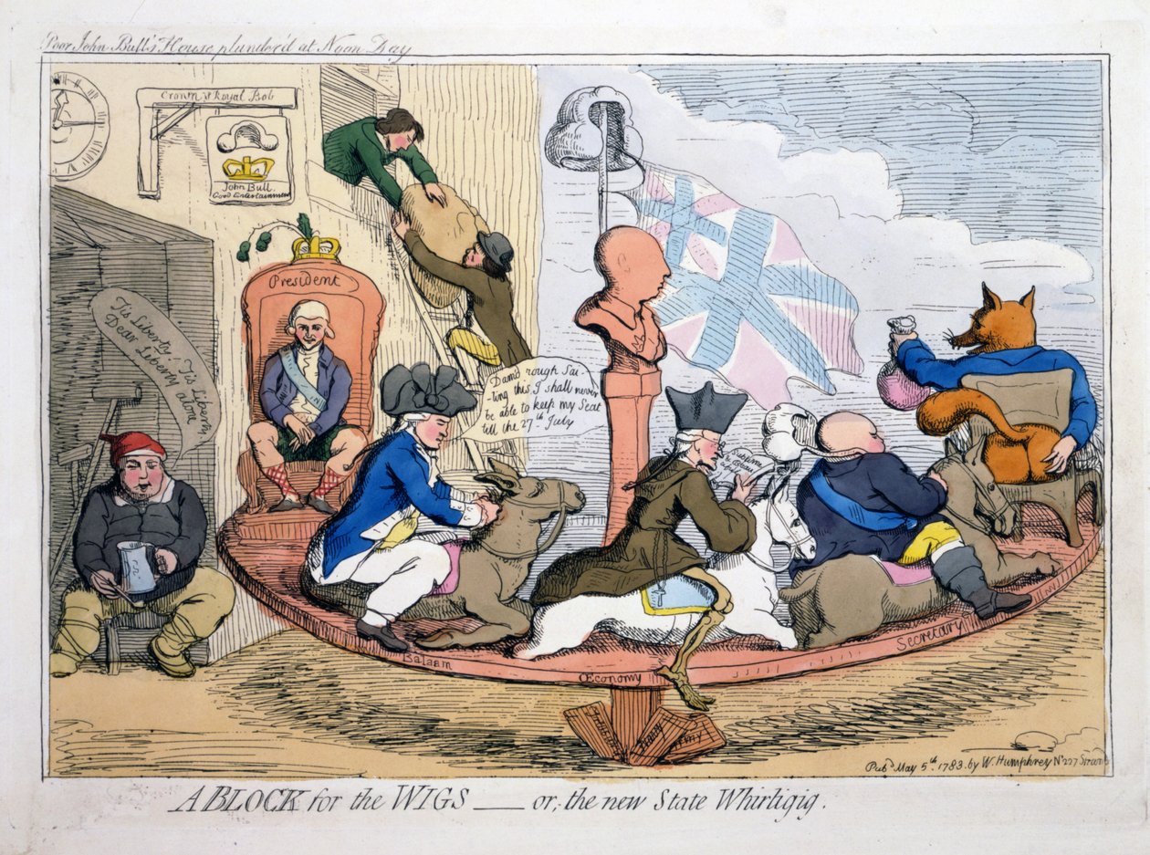 A Block for the Wigs eller The New State Whirligig, pub. 1783 (handfärgad etsning) av James Gillray