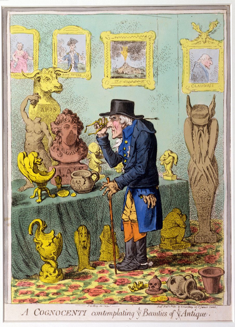 A Cognocenti Contemplating Ye Beauties of Ye Antique, publicerad av Hannah Humphrey 1801 (handfärgad etsning) av James Gillray