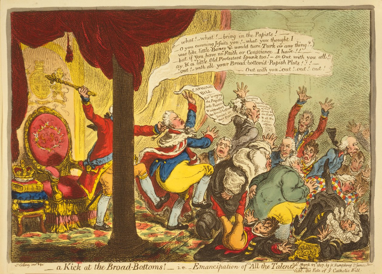 En spark mot den breda botten, dvs. frigörelse av alla talanger, pub. 1807 (handkolorerad gravyr) av James Gillray