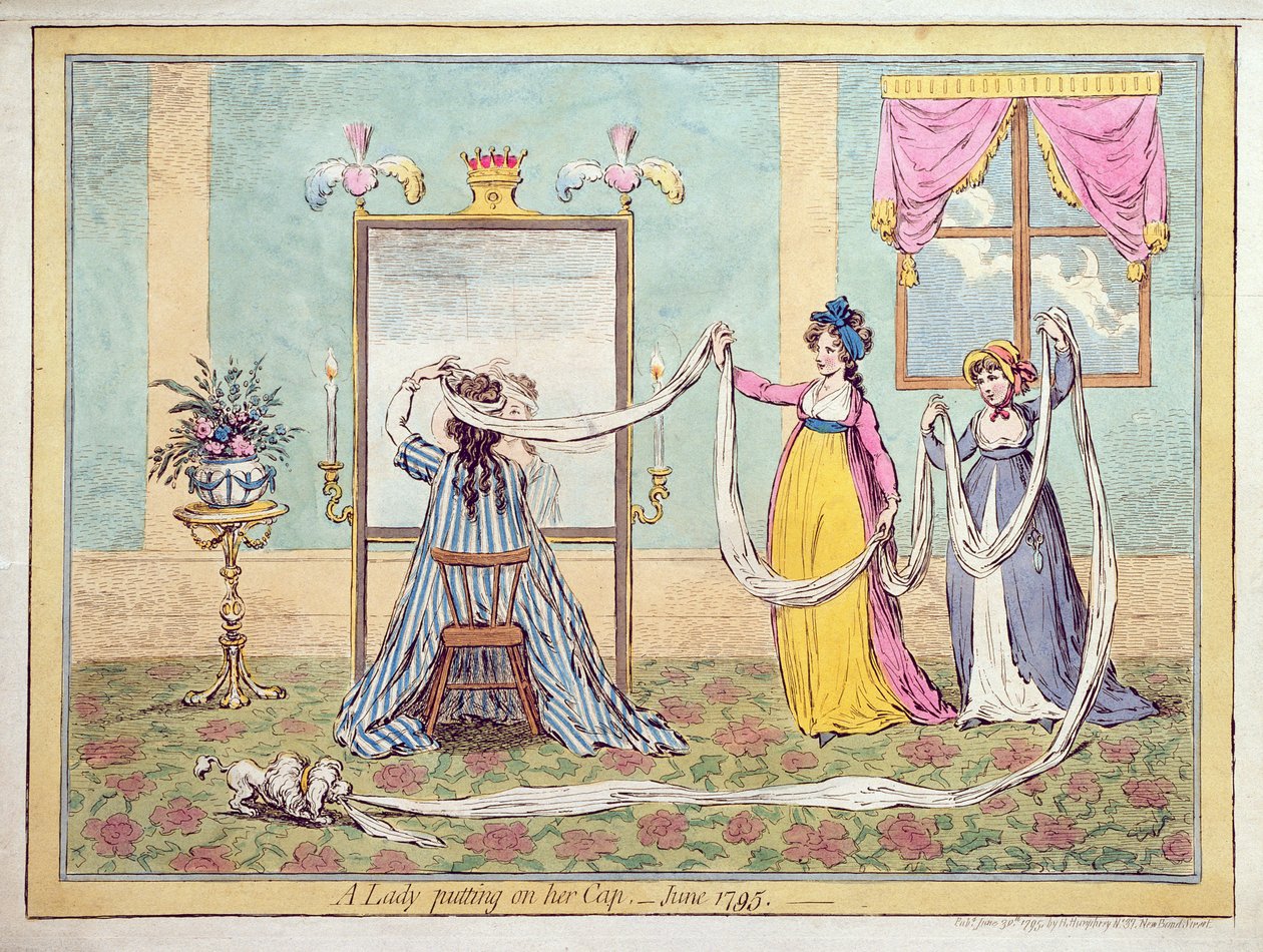 En dam som tar på sig mössan, publicerad 1795 (handfärgad etsning) av James Gillray