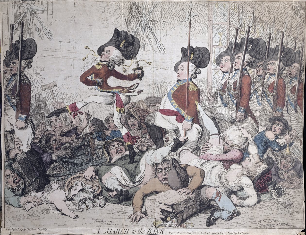 A March to the Bank, utgiven av S.W. Fores 1787 (handkolorerad etsning) av James Gillray