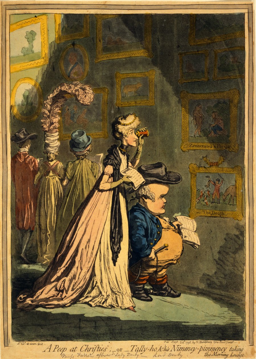En titt på Christies, eller Tally-ho och hans Nimeney-Pimmeney tar Morning Lounge, pub. 1796 (handfärgad gravyr) av James Gillray