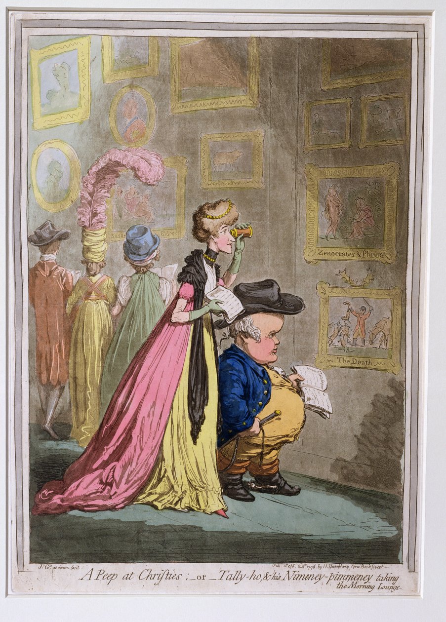 A Peep at Christies, eller Tally-ho, and his Nimeney-pimmeney Taking the Morning Lounge, publicerad av Hannah Humphrey 1796 (etsning, gravyr, aquatint och wc på papper) av James Gillray