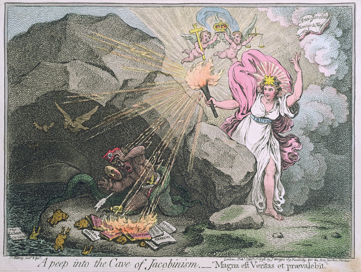 A Peep into the Cave of Jacobinism, eller Magna est Veritas et praevalebit, publicerad av Hannah Humphrey 1798 (handfärgad etsning) av James Gillray
