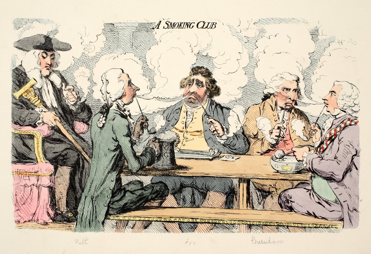 En rökklubb, pub. 1793 (handfärgad gravyr) av James Gillray