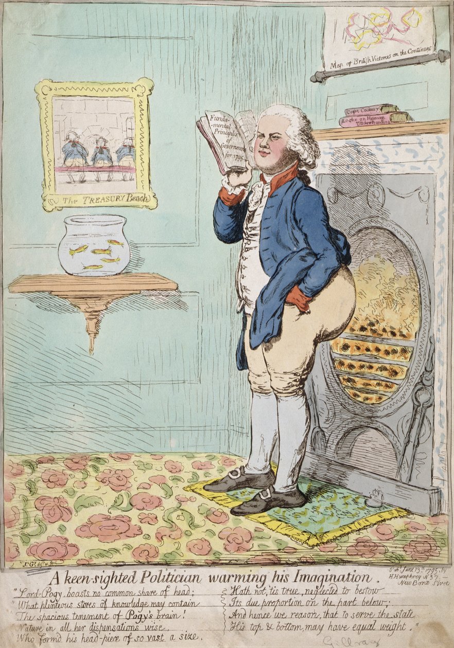En skarpsynt politiker som värmer sin fantasi, publicerad av Hannah Humphrey 1795 (handfärgad etsning) av James Gillray