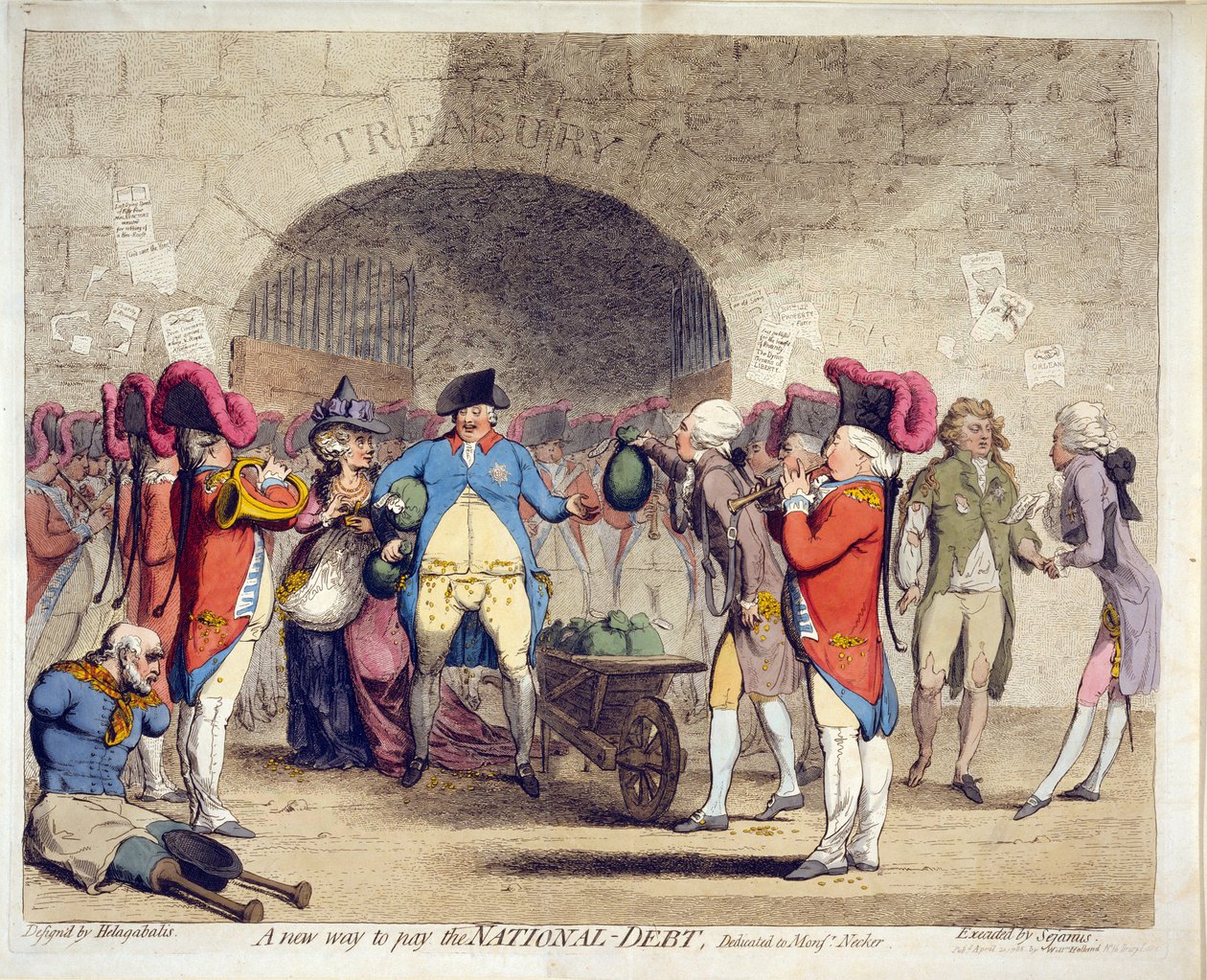 Ett nytt sätt att betala statsskulden, pub. 21 april 1786 (handfärgad gravyr) av James Gillray