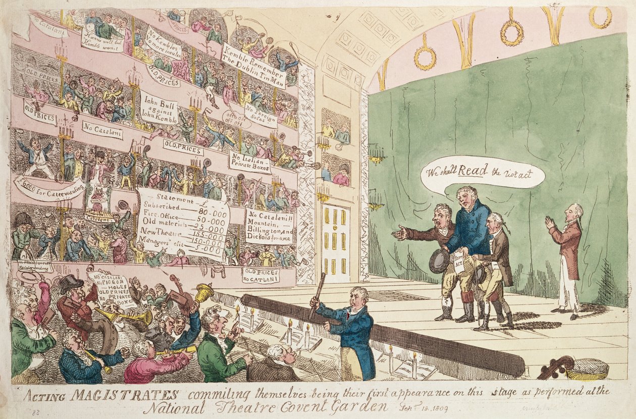 Acting Magistrates commiting themselves, being their first appearance as performed at the National Theatre Covent Garden, London, 1809 (färggravyr) av James Gillray