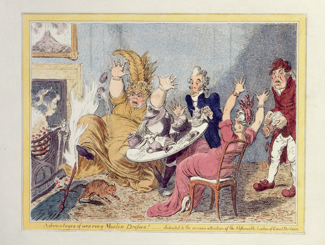Fördelar med att bära muslinklänningar! Tillägnad den seriösa uppmärksamheten från de fashionabla damerna i Storbritannien, pub. av John Miller och W. Blackwood av James Gillray
