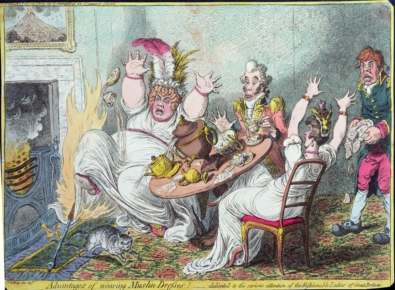 Advantages of Wearing Muslin Dresses! tillägnad den seriösa uppmärksamheten hos de fashionabla damerna i Storbritannien, utgiven av Hannah Humphrey, 1802 (handkolorerat gravyr) av James Gillray