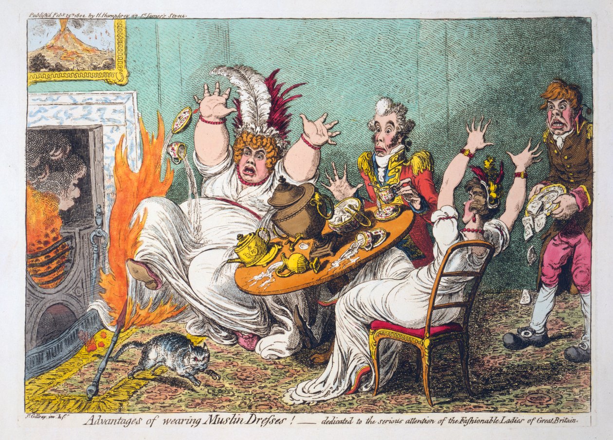 Fördelar med att bära Muslin-klänningar! tillägnad den seriösa uppmärksamheten från de fashionabla damerna i Storbritannien, pub. 1802 (handfärgad gravyr) av James Gillray