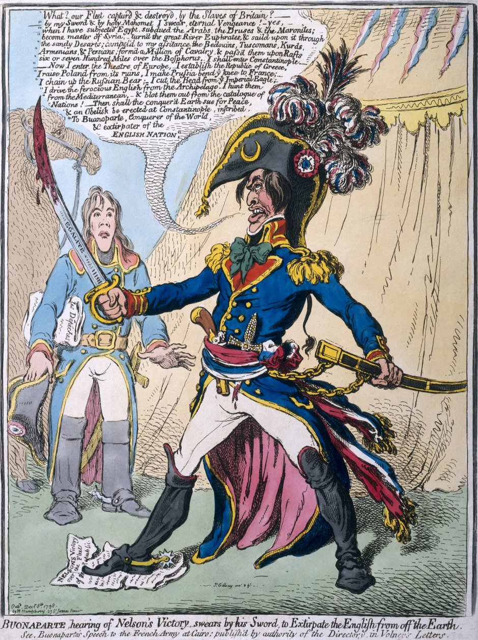 Buonaparte höra om Nelsons seger svär vid hans svärd att utrota engelsmännen från jorden, publicerad av Hannah Humphrey 1798 (handfärgad etsning) av James Gillray