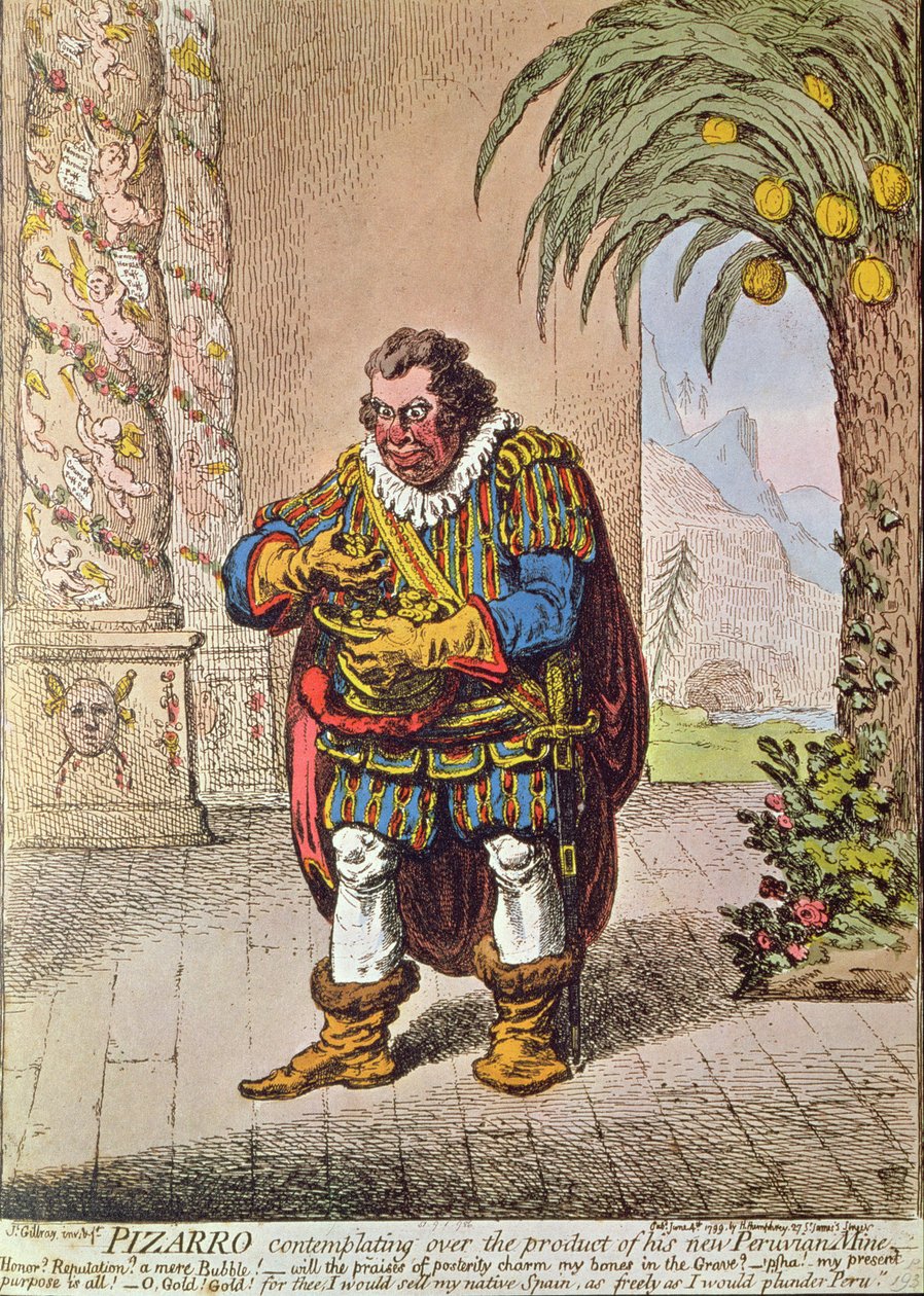 Karikatyr av Pizarro som överväger produkten av sin nya peruanska gruva av James Gillray