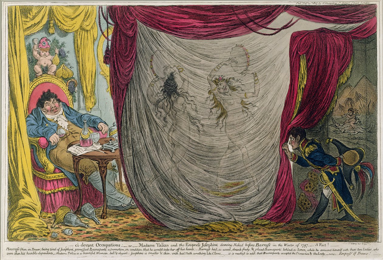 Ci-devant Occupations, or Madame Talian and the Empress Josephine Dancing Naked before Barrass in the Winter of 1797, utgiven av Hannah Humphrey 1805 (etsning med akvatint) av James Gillray