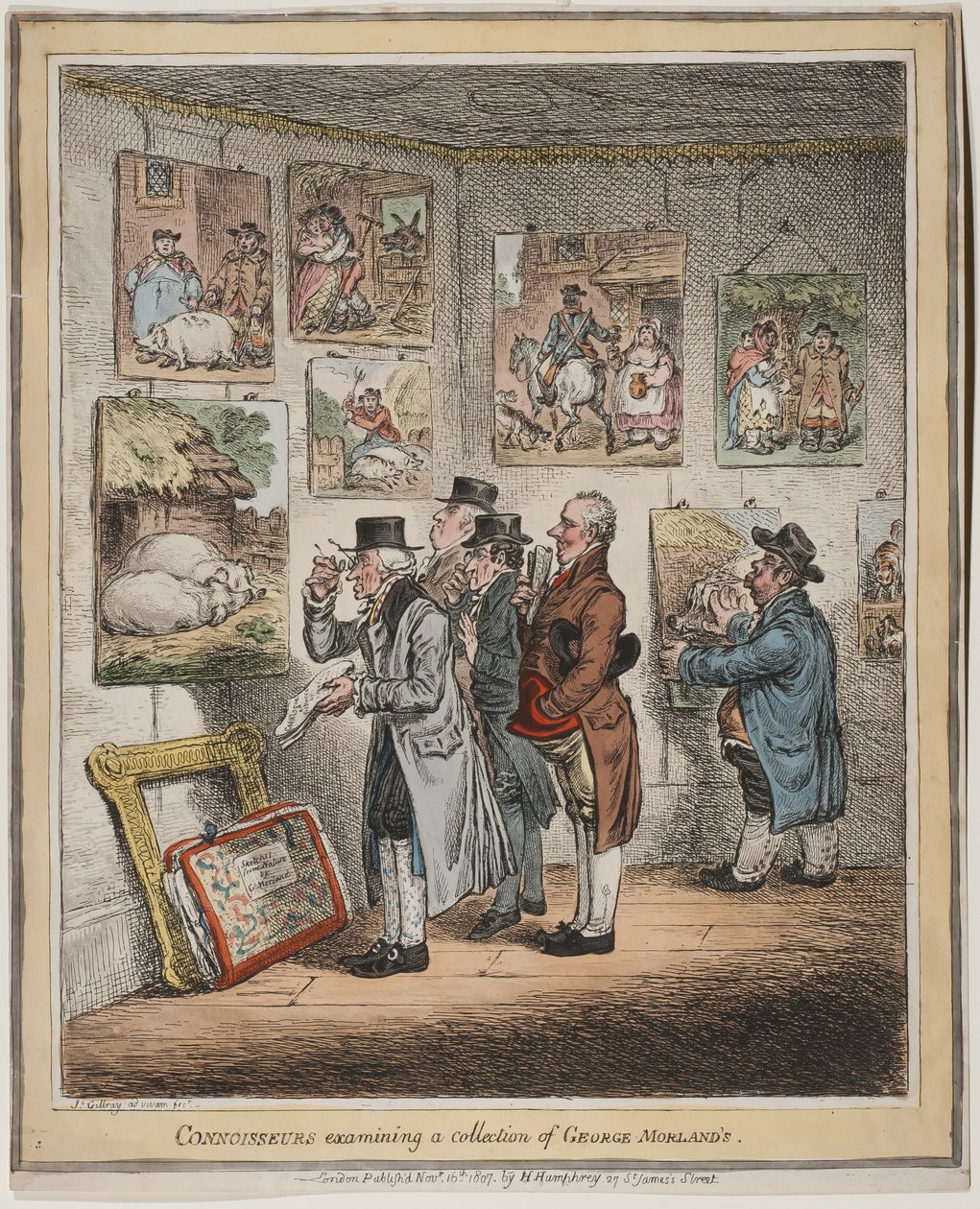 Konnässörer undersöker en samling av George Morlands, publicerad av Hannah humphrey, 1807 (handfärgad etsning) av James Gillray