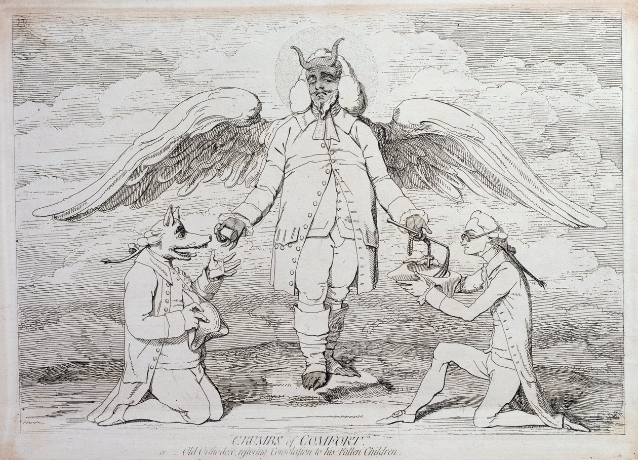 Crumbs of Comfort, or Old Orthodox Restore Consolation to his Fallen Children, publicerad av G. Humphrey 1782 av James Gillray
