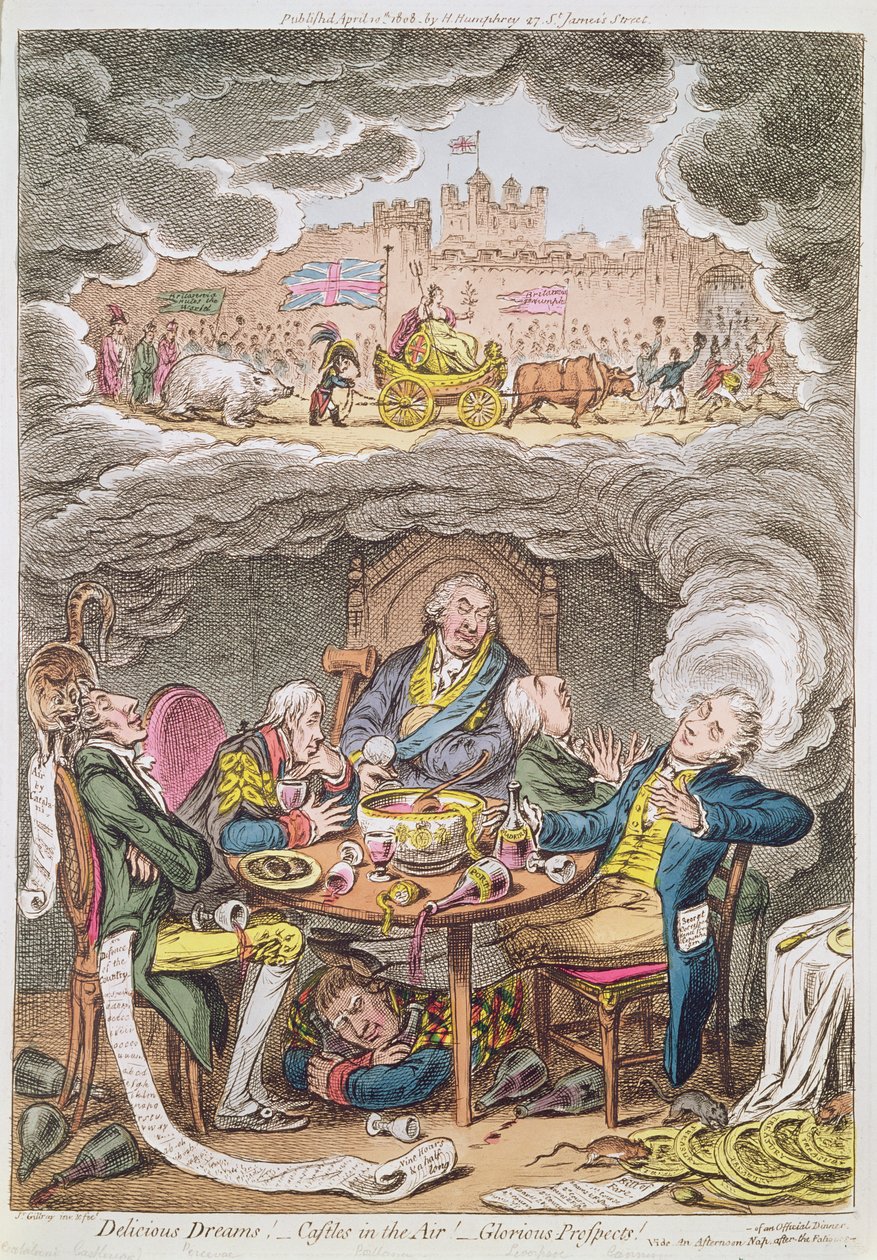 Läckra drömmar! Luftslott! Härliga utsikter! se An Afternoon Nap after the Fatigue of an officiell Dinner, tecknad serie föreställande Lord Portland och hans ministrar, 1808 av James Gillray