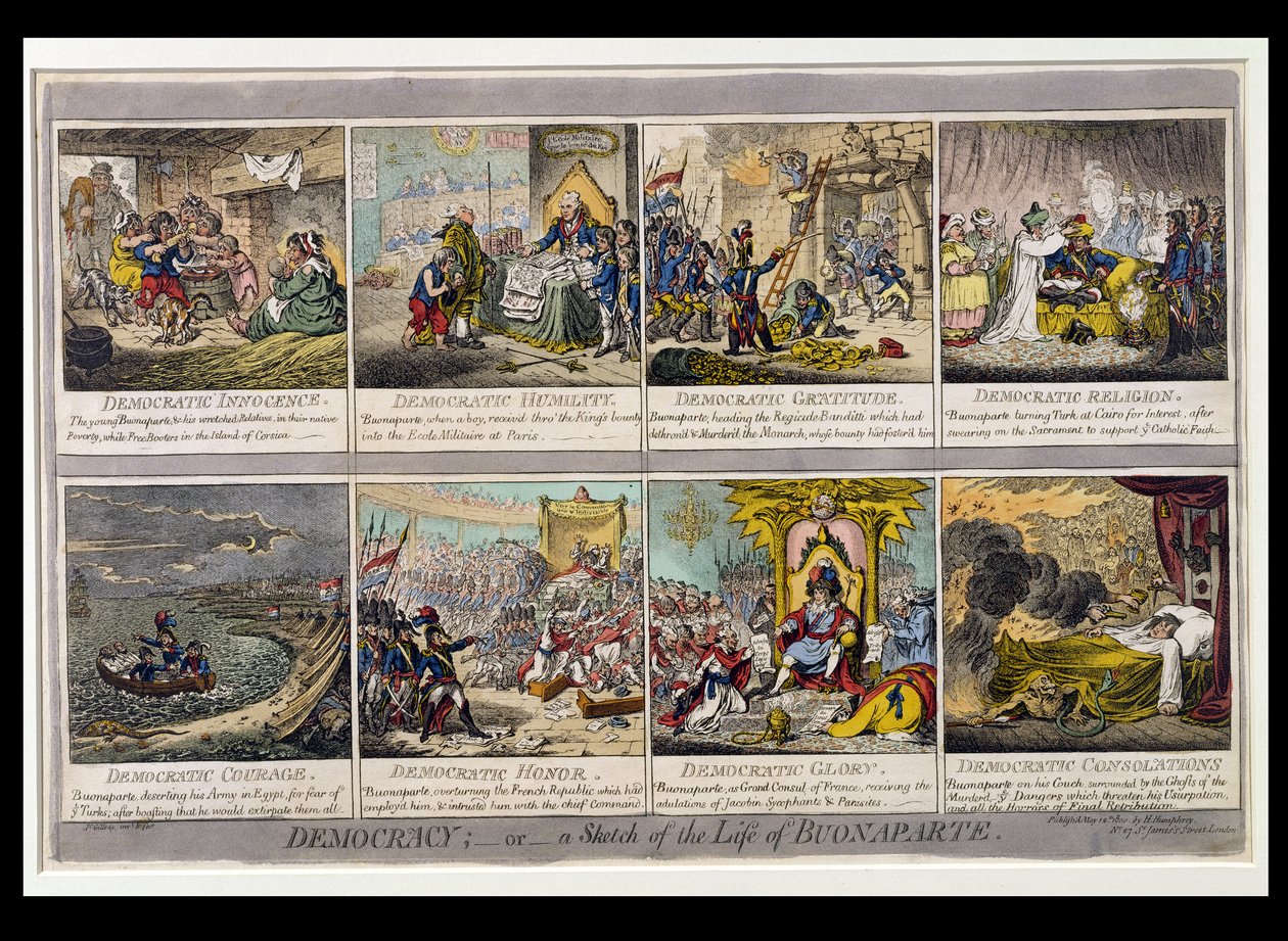 Democracy, or a Sketch of the Life of Buonaparte, publicerad av Hannah Humphrey 1800 (handfärgad etsning) av James Gillray