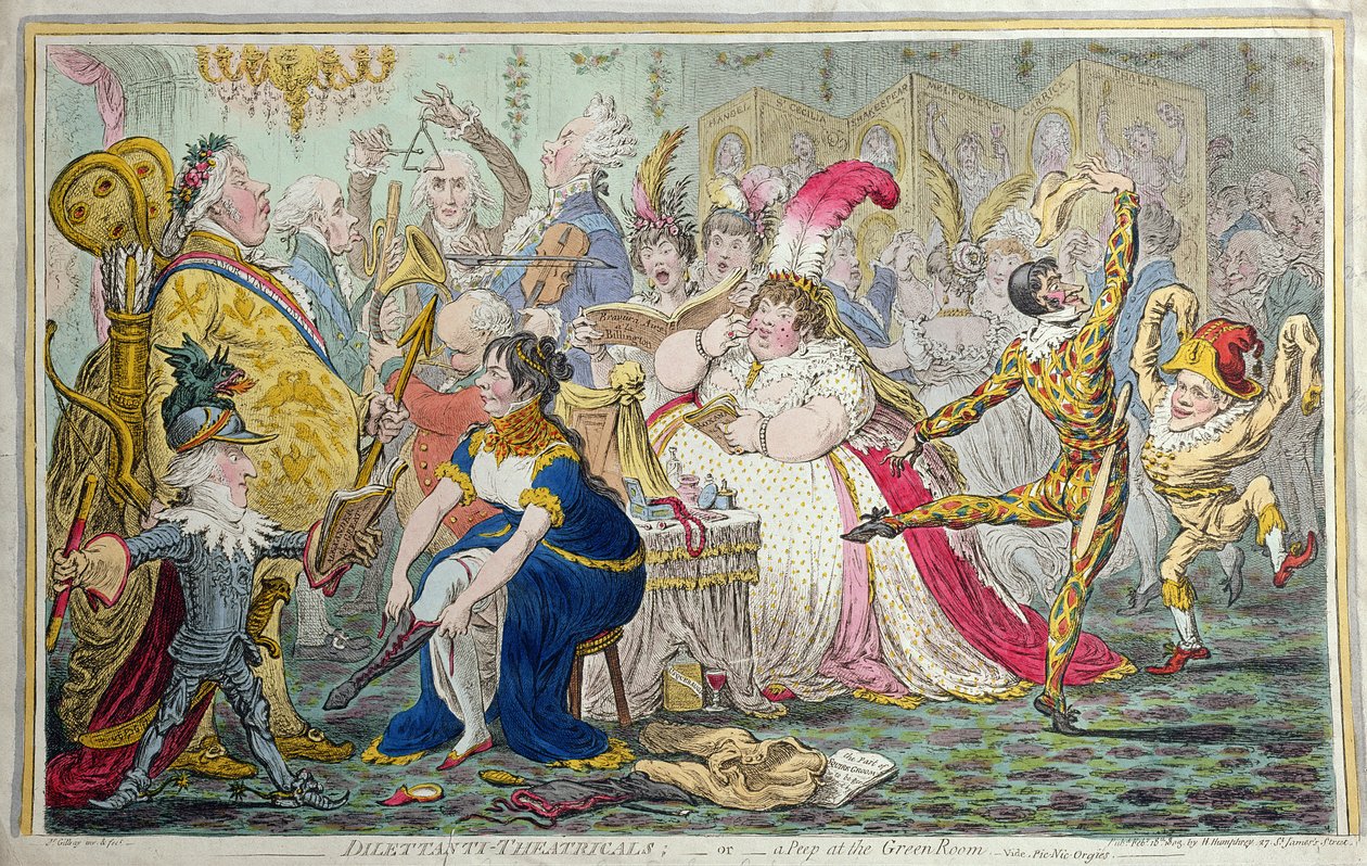 Dilettanti Theatricals, eller A Peep at the Green Room, publicerad av Hannah Humphrey 1803 (handfärgad etsning) av James Gillray
