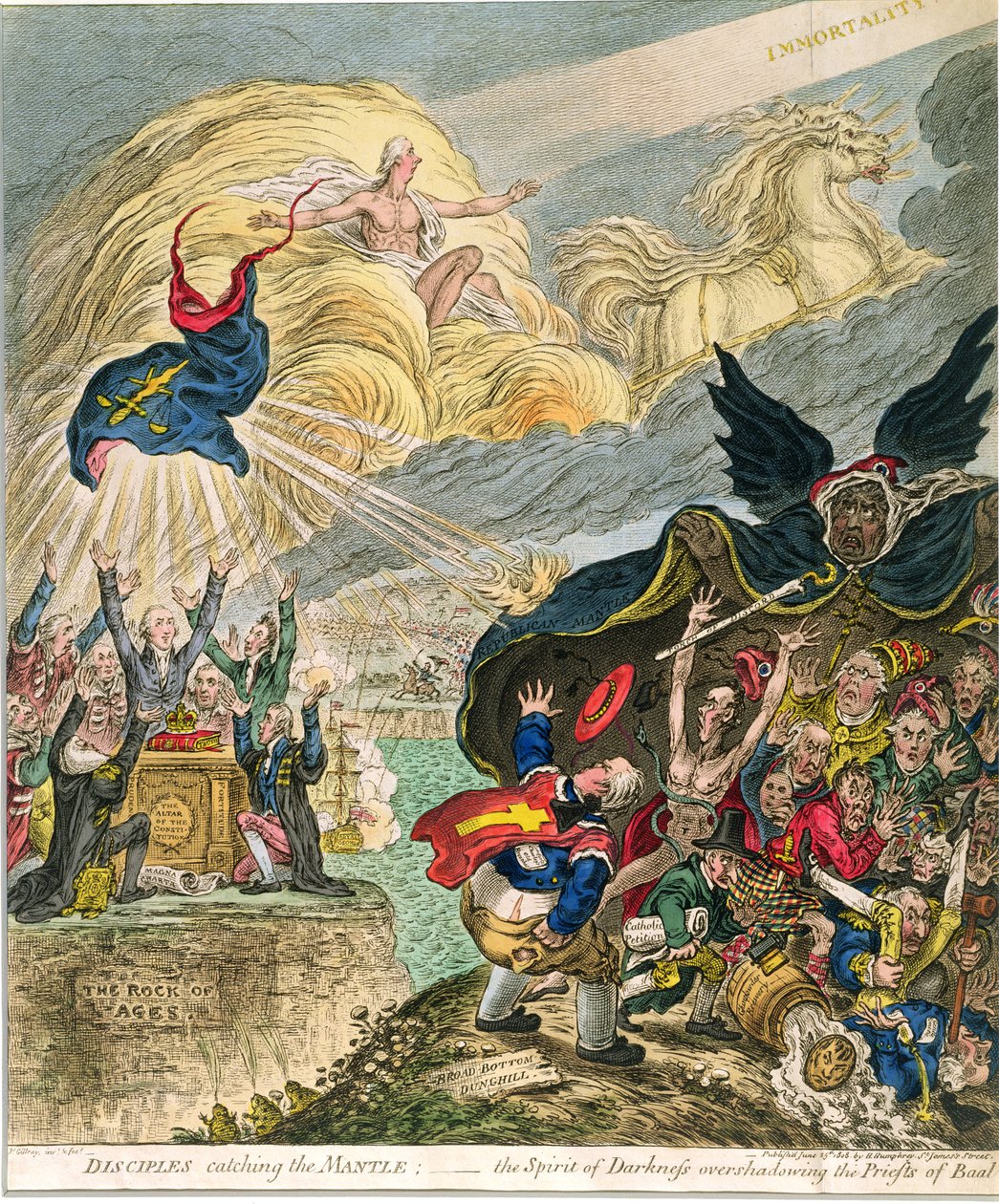 Lärjungar som fångar manteln: mörkrets ande som överskuggar Baals präster, publicerad av Hannah Humphrey 1808 (handfärgad etsning) av James Gillray