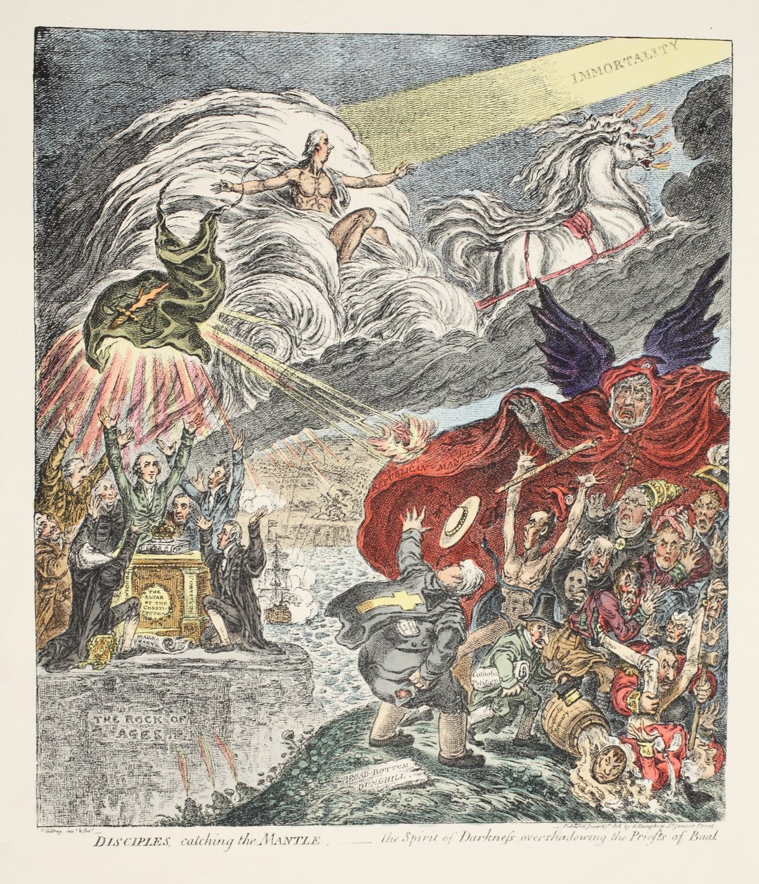 Lärjungar som fångar manteln - Mörkrets Ande som överskuggar Baals präster, pub. 1808 (handfärgad etsning) av James Gillray