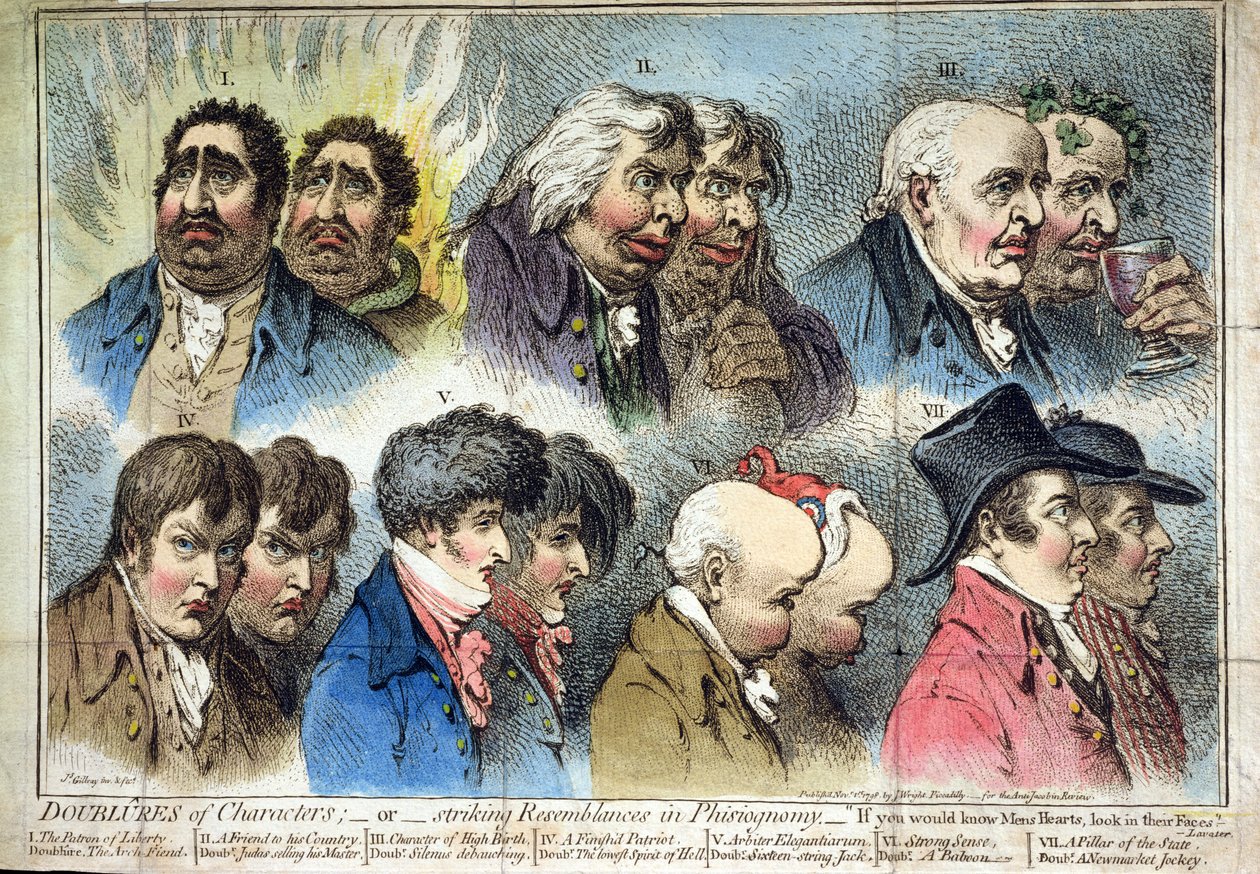 Doublures of Characters, or Striking Resemblances in Phisiognomy, utgiven av J. Wright 1798 (handkolorerad etsning) av James Gillray