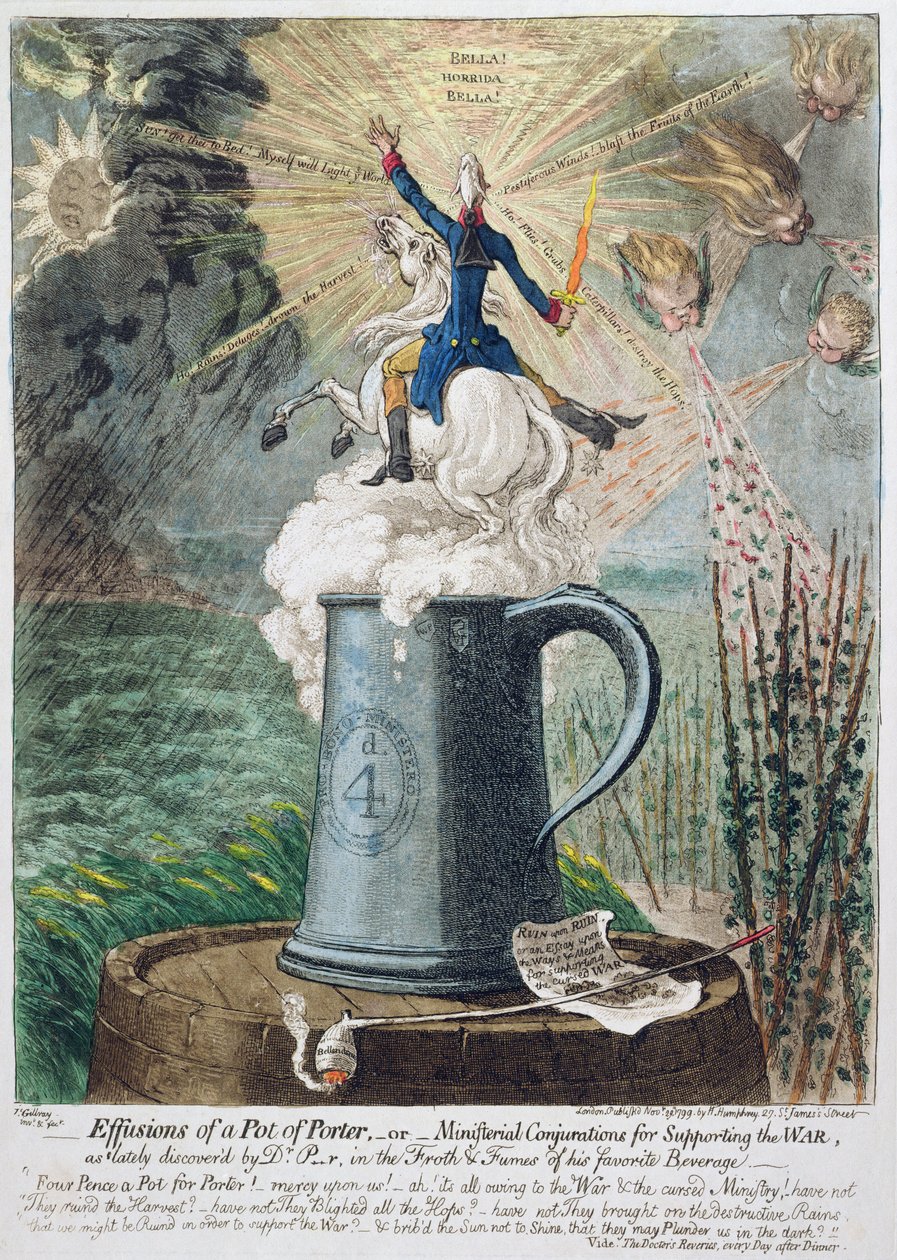 Effusions of a Pot of Porter, or Ministerial Conjurations for Supporting the War, publicerad av Hannah Humphrey 1799 (handfärgad etsning) av James Gillray