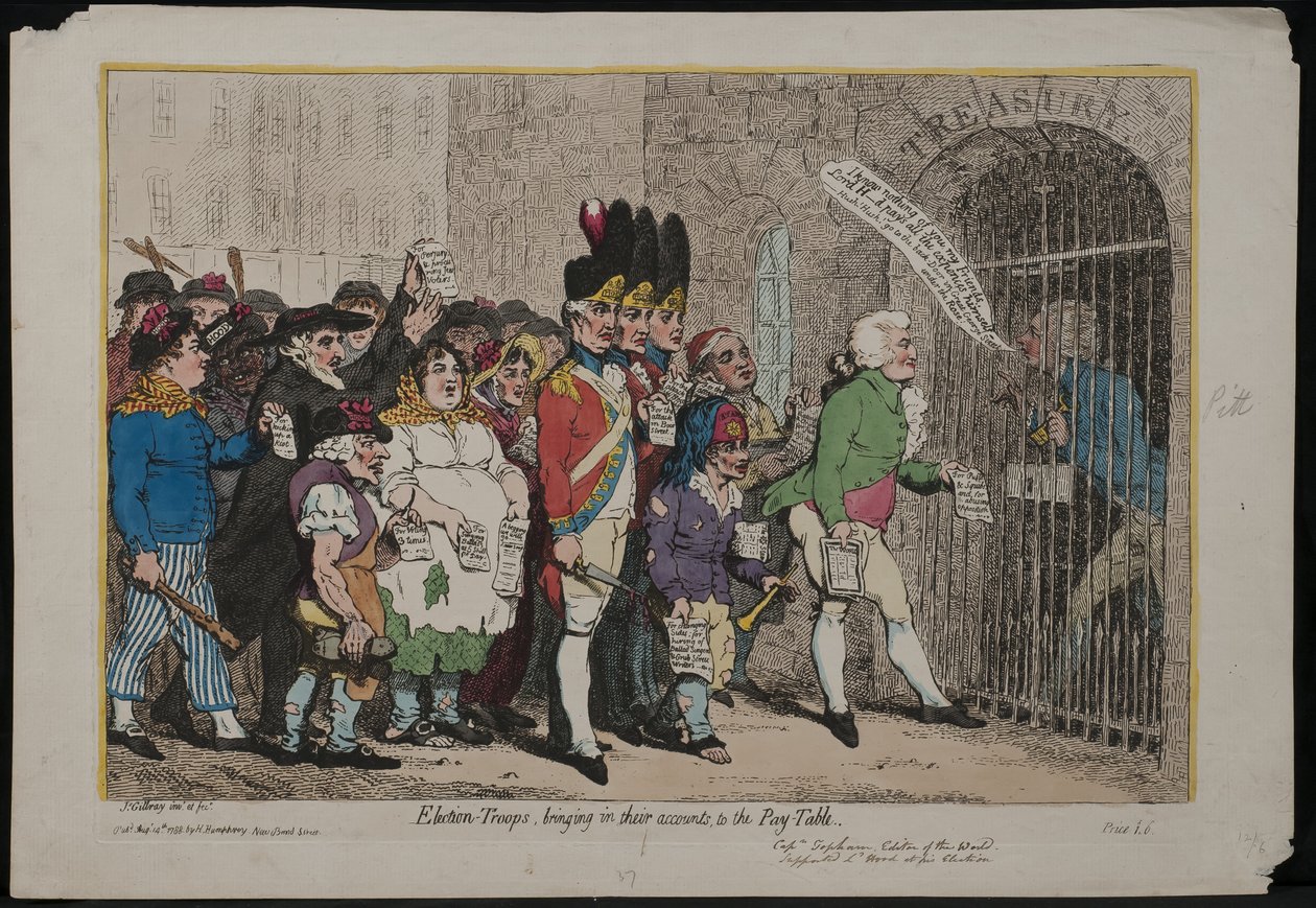 Valtrupper för in sina konton till lönetabellen, 1788 av James Gillray