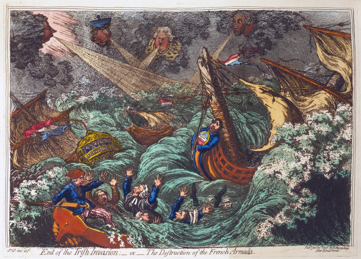 Slutet på den irländska invasionen eller förintandet av den franska armadan, pub. Hannah Humphrey, 20 januari 1797 (handkolorerat gravyr). av James Gillray