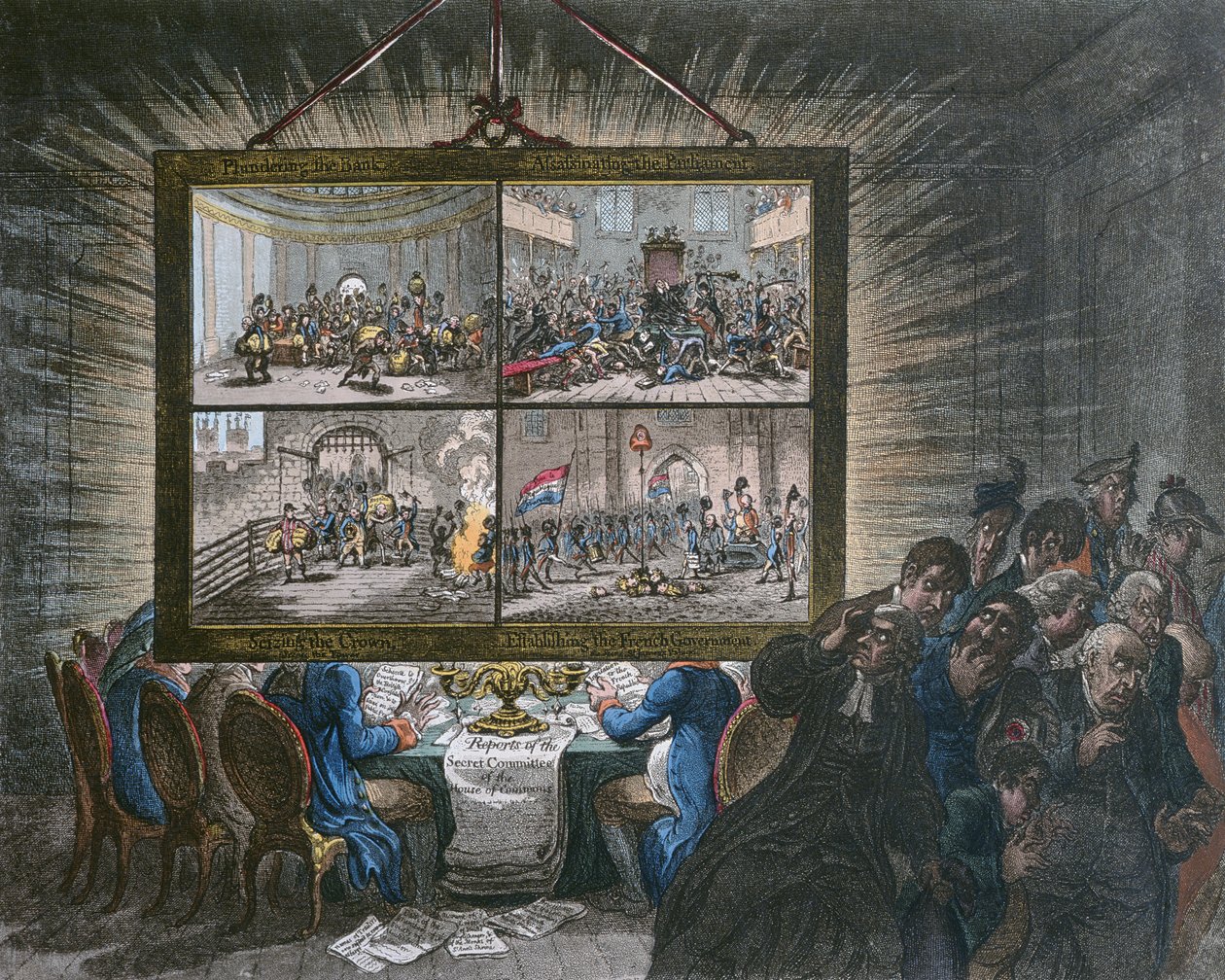 Utställning av en demokratisk-transparens, med dess effekt på patriotiska känslor, publicerad av Hannah Humphrey 1799 (handfärgad etsning med akvatint) av James Gillray