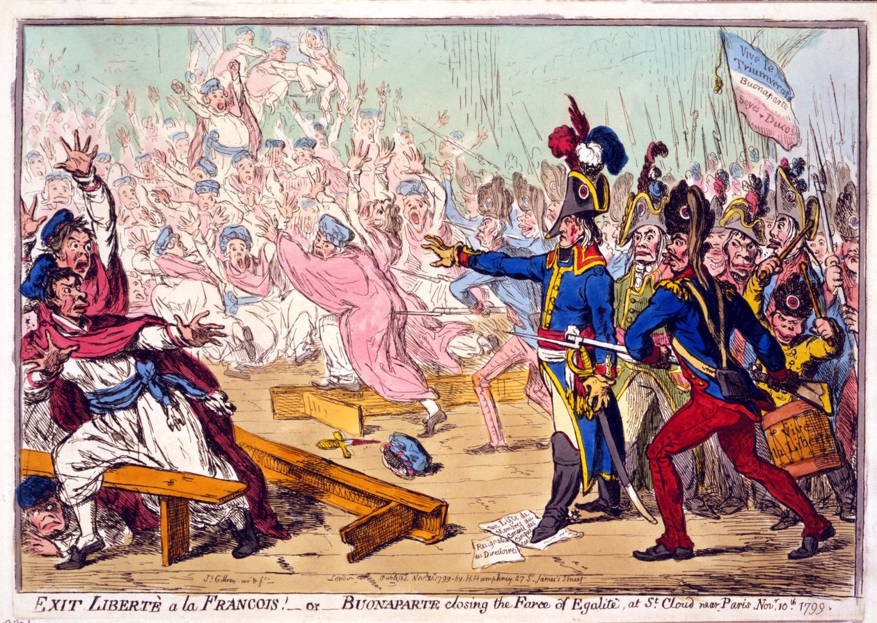 Avsluta Libertè a la Francois! eller Buonaparte som stänger Farce of Egalité, på St. Cloud nära Paris 10 november 1799, pub. 1799 (handfärgad gravyr) av James Gillray