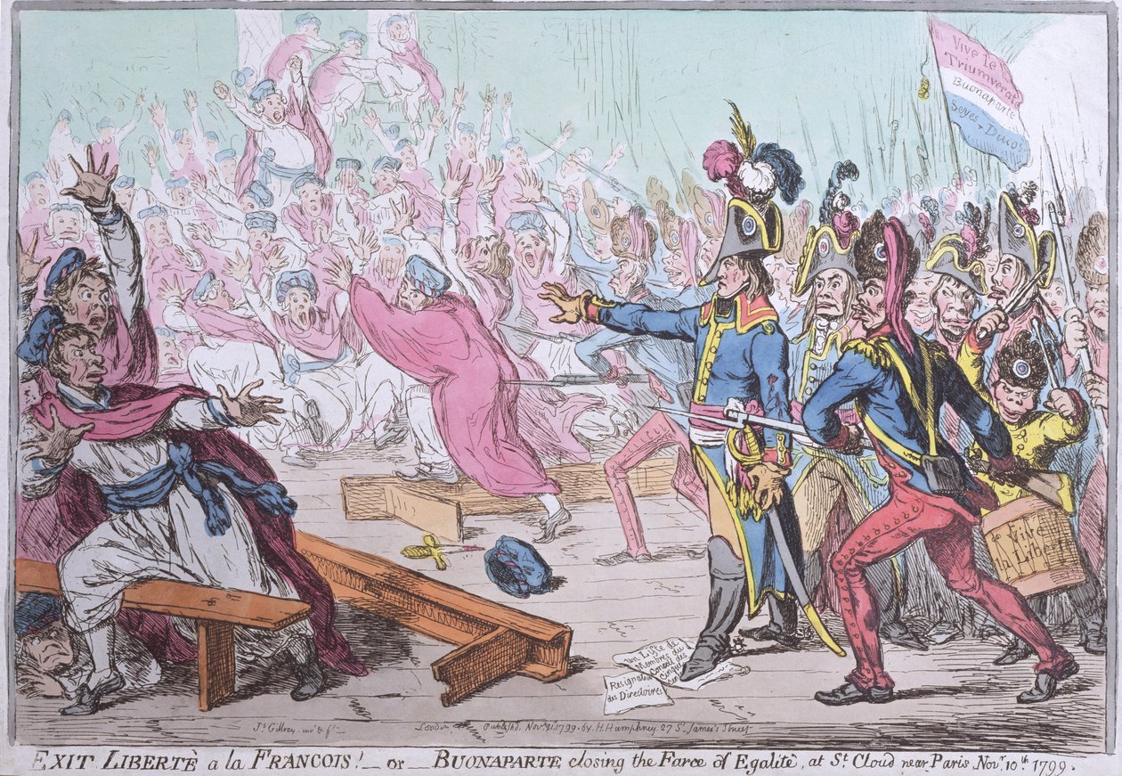 Exit Liberte a la Francois! or Buonaparte closing the Farce of Egalite at St. Cloud near Paris, utgiven av Hannah Humphrey 1799 (handkolorerad etsning) av James Gillray