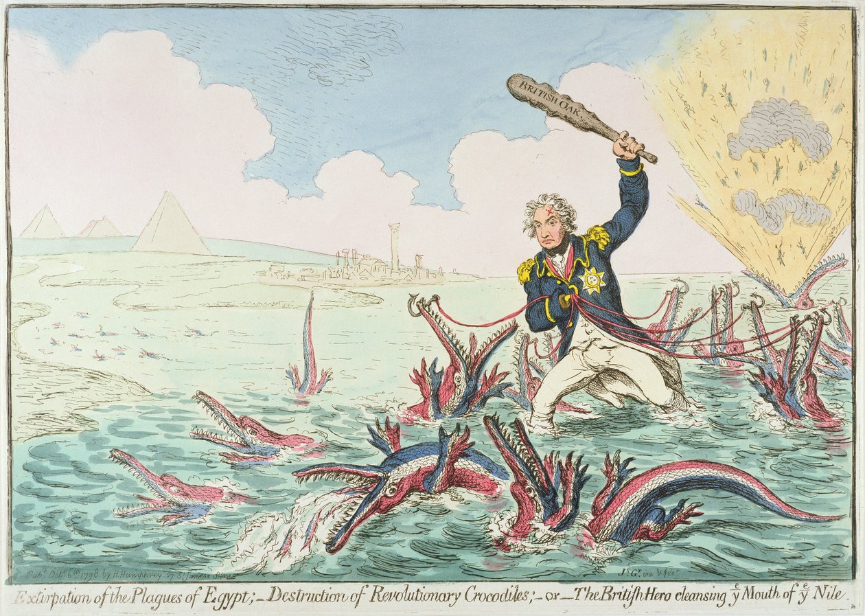 Utrotning av Egyptens plågor: - Förstörelse av revolutionära krokodiler, 1798 (handfärgad etsning) av James Gillray