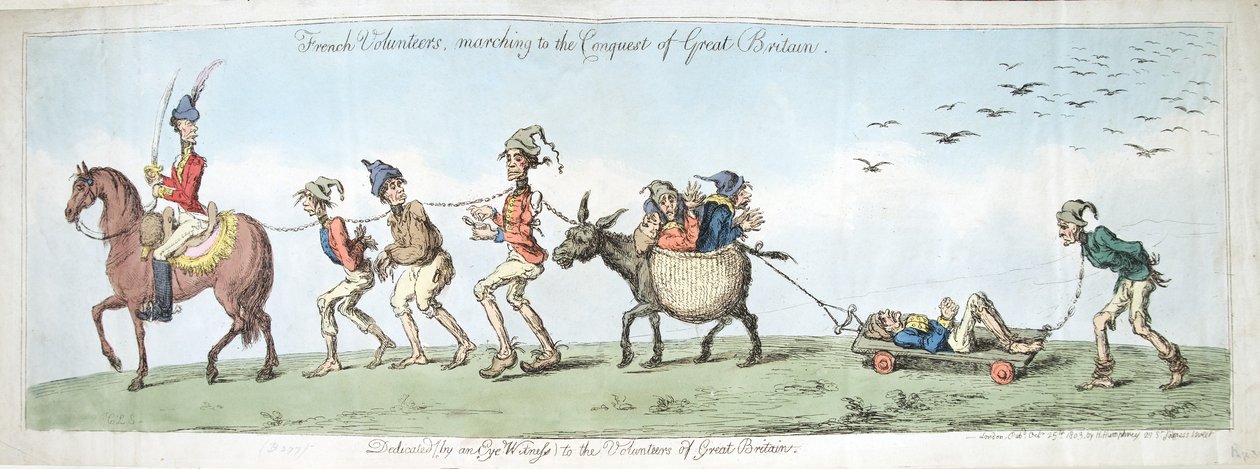 Franska frivilliga som marscherar för att erövra Storbritannien, publicerad av Hannah Humphrey 1799 (handkolorerad etsning) av James Gillray