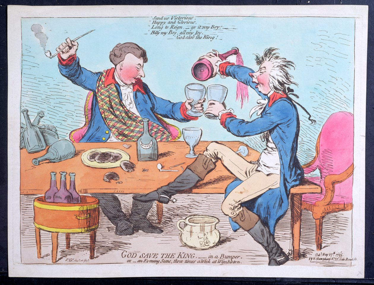 God Save the King- i en stötfångare, eller en kvällsscen tre gånger i veckan i Wimbleton, publicerad av Hannah Humphrey 1795 (handfärgad etsning) av James Gillray