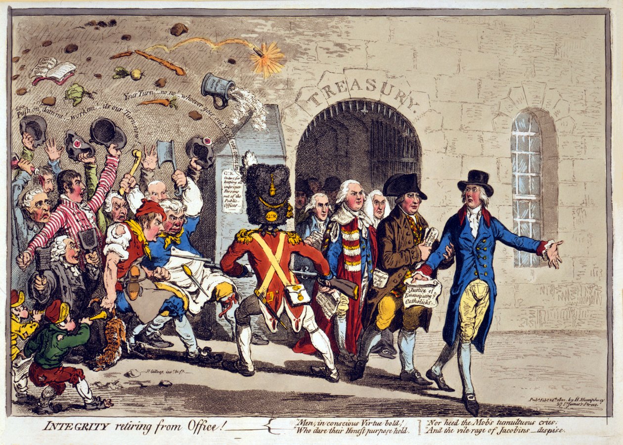 Integritet som går i pension från Office!, pub. 1801 (handkolorerad gravyr) av James Gillray