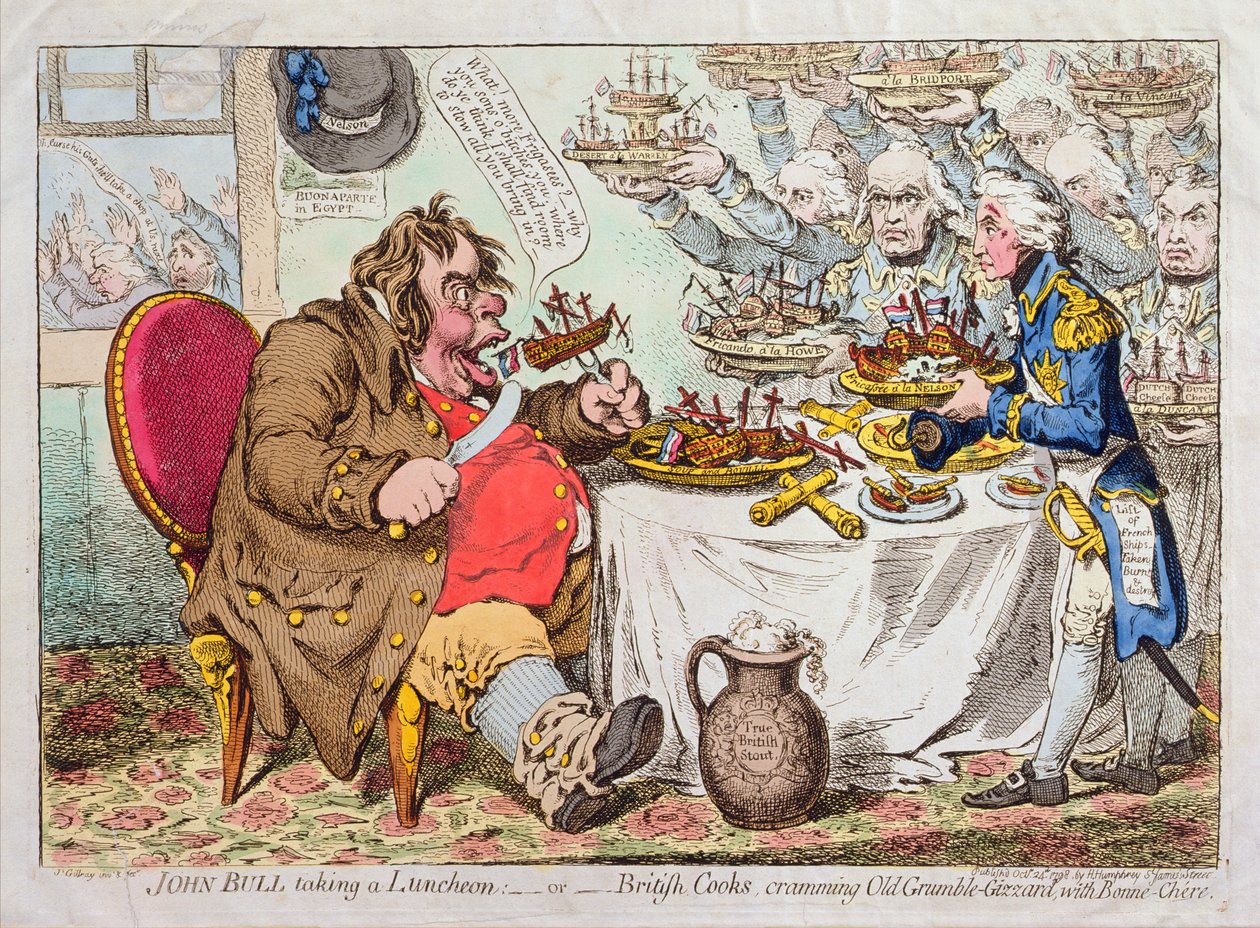 John Bull Tar en lunch, eller brittiska kockar, proppar Old Grumble-Gizzard med Bonne-Chere, publicerad av Hannah Humphrey 1798 (handfärgad etsning) av James Gillray