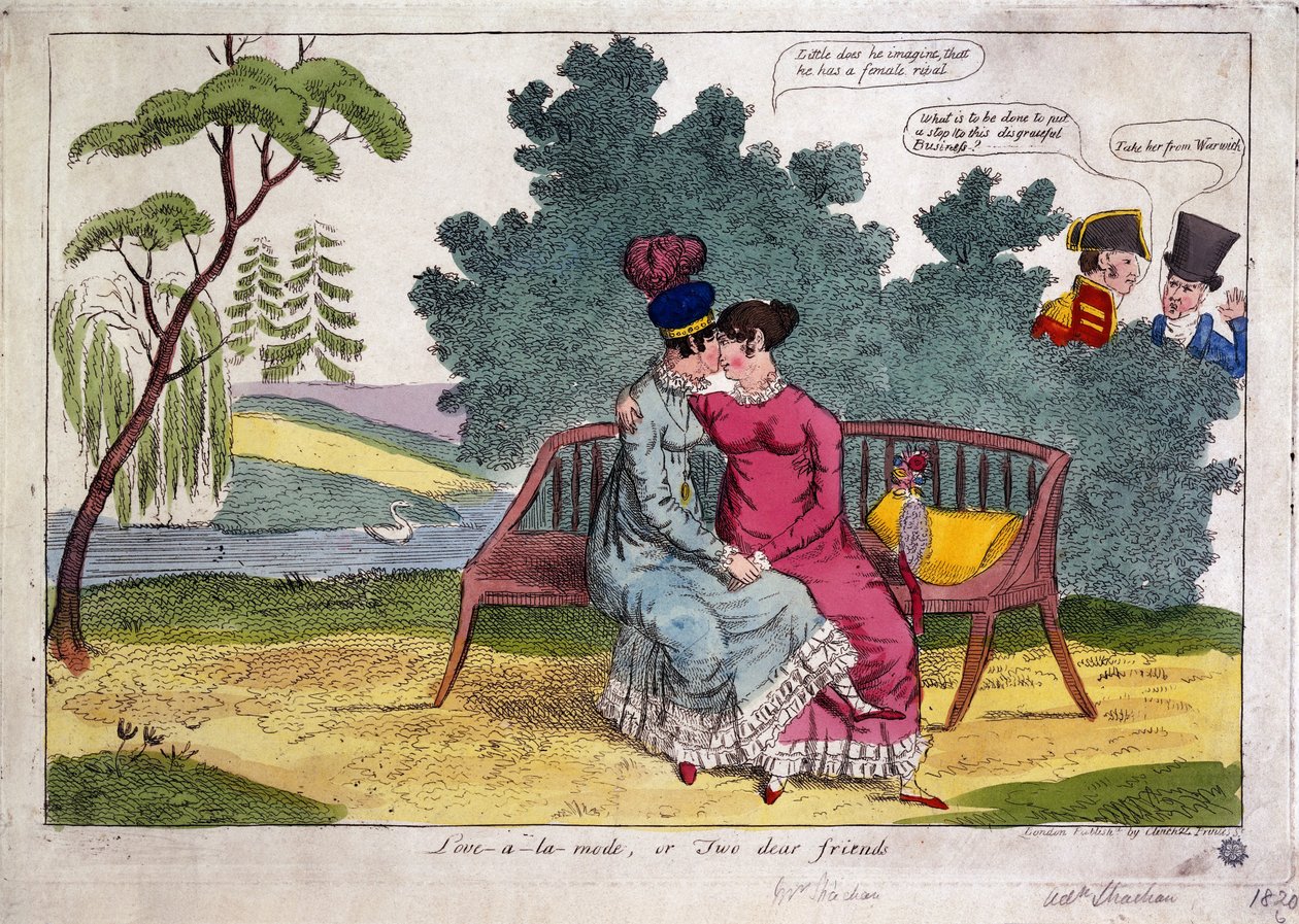 Lady Strachan och Lady Warwick gör kärlek i en park, medan deras män betraktar ogillande av James Gillray
