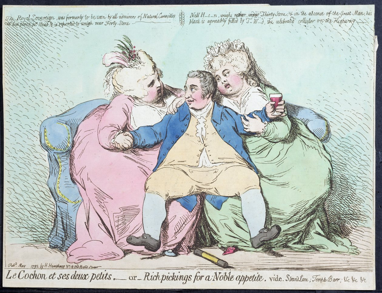 Le Cochon et ses Deux Petits, eller Rich Pickings for a Noble Appetite, publicerad av Hannah Humphrey 1792 (handfärgad etsning) av James Gillray