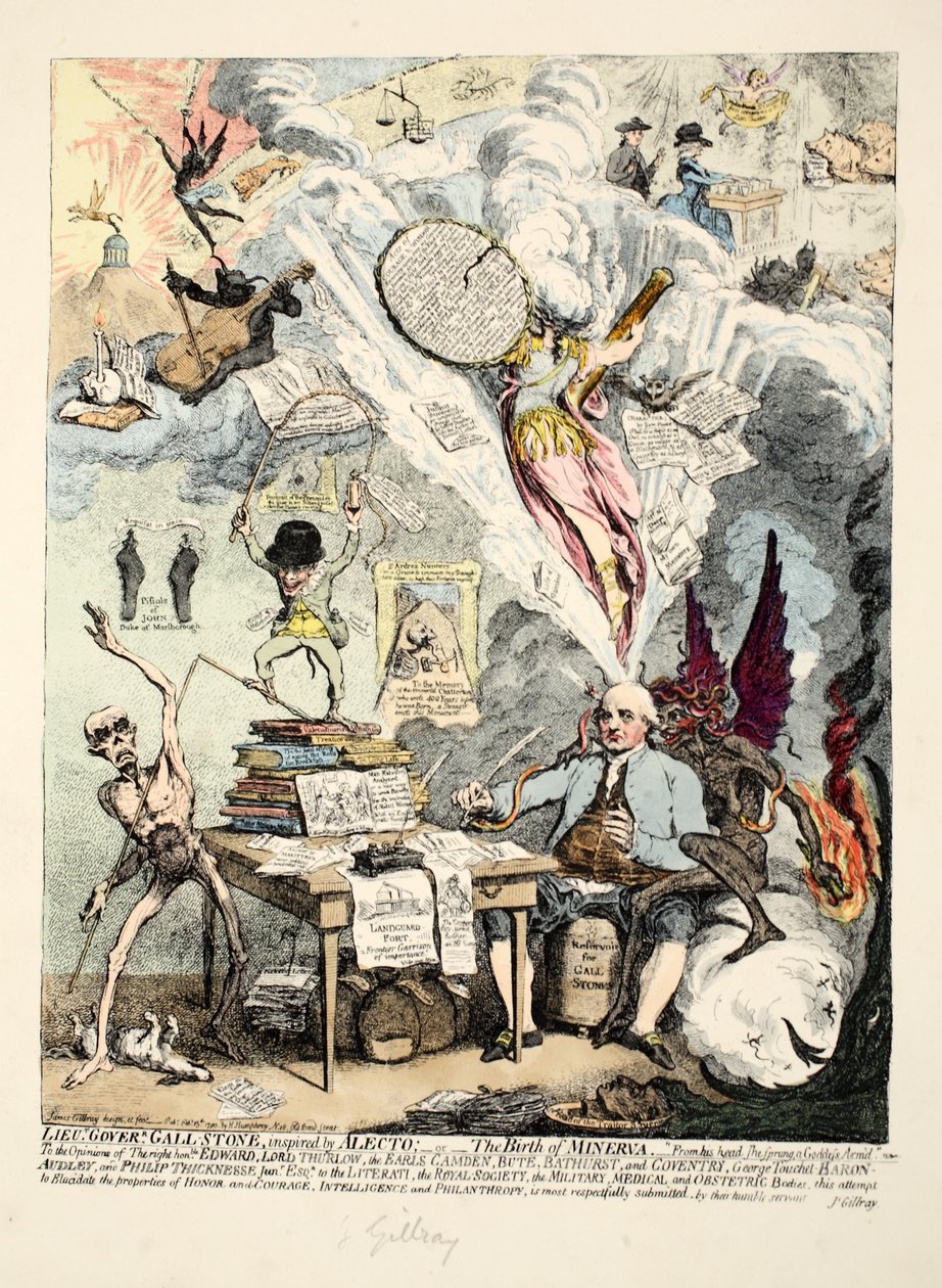 Löjtnant Guvernör Gall-Stone, inspirerad av Alecto, eller Minervas födelse, 1790 (handfärgad etsning) av James Gillray