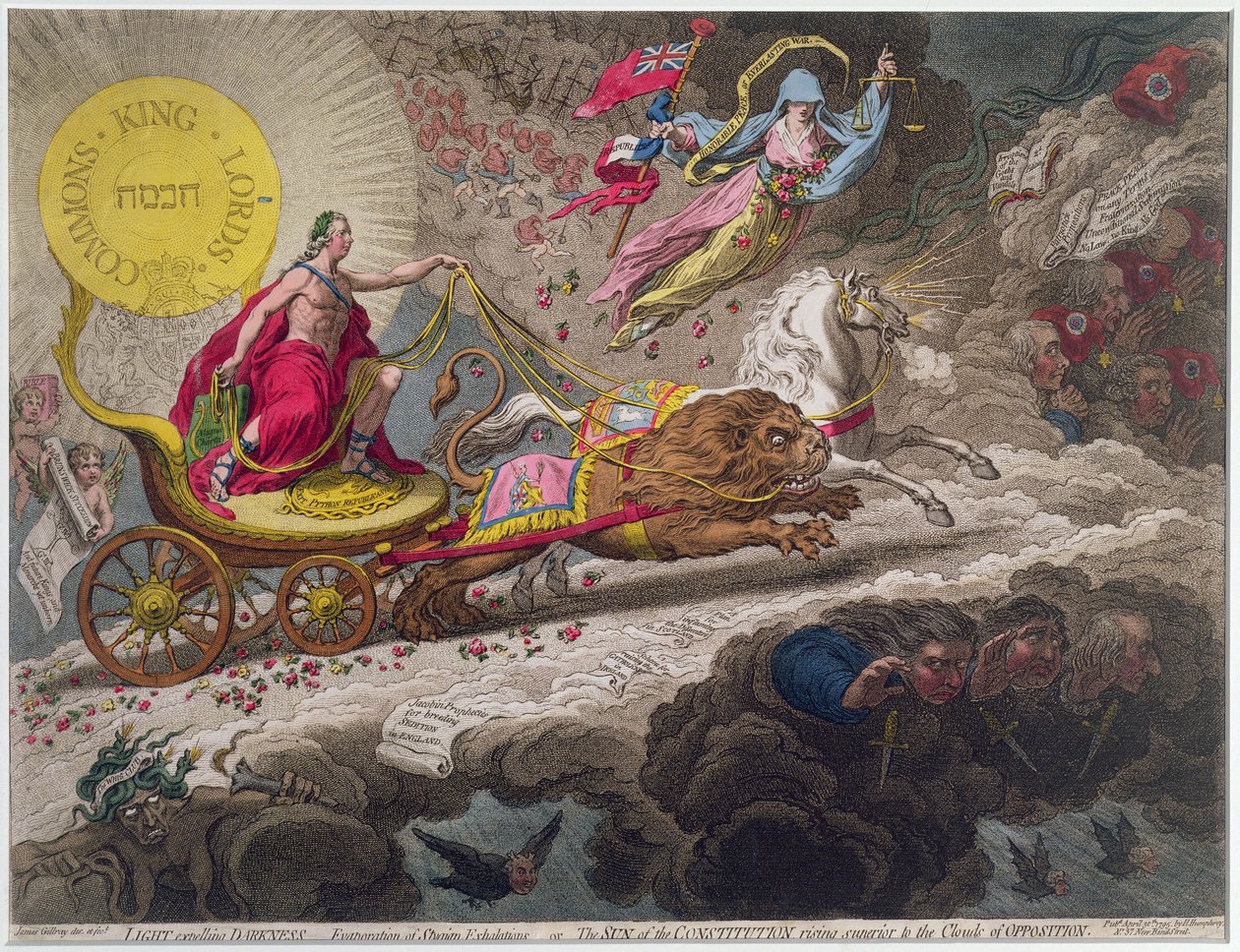 Light Expelling Darkness - Evaporation of Stygian Exhalations, eller The Sun of the Constitution som stiger överlägset the Clouds of Opposition, publicerad av Hannah Humphrey 1795 (etsning, gravyr och te) av James Gillray