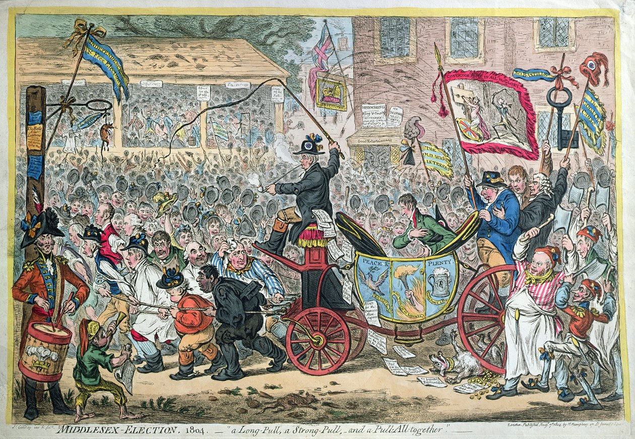Middlesex Election, 1804, eller A Long Pull, a Strong Pull, and a Pull Alltogether, publicerad av Hannah Humphrey 1804 (handfärgad etsning) av James Gillray