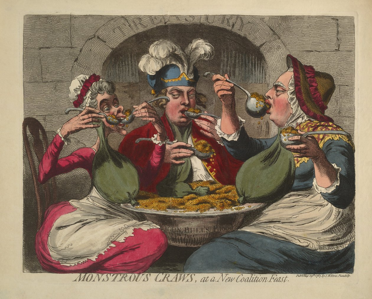 Monstruösa kräftor vid en fest i New Coaltion, pub. 1787 (handkolorerad gravyr) av James Gillray